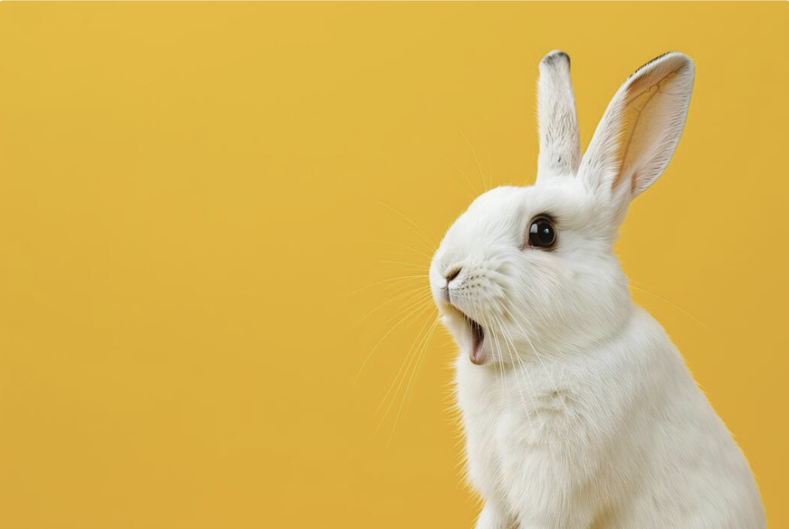 White rabbit mid-shout against a yellow background, illustrating frequent content updates